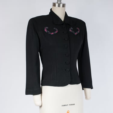 1940s Jacket - Elegant Vintage Rayon Crepe 40s Blouse with Beads and Embroidery 