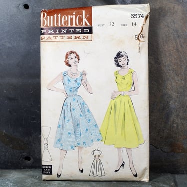 1950s Butterick #6574 Dress Pattern | Size 14/Bust 32" | COMPLETE Cut Pattern in Original Envelope | FREE SHIPPING 