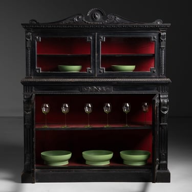 Ebonised &amp; Glazed Cabinet / Bowls &amp; Glasses