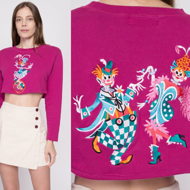 Medium 80s Clown Graphic Cropped Sweatshirt | Vintage Bob Mackie Fuschia Pink Pullover Crop Top 