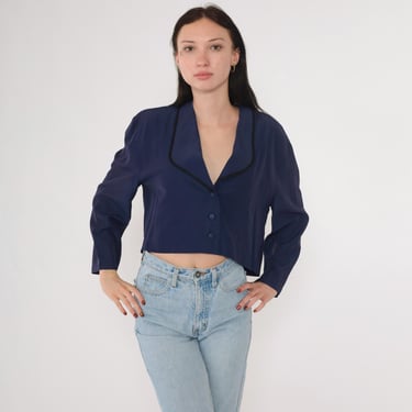 80s Navy Cropped Blouse Plain Button Up Crop Top 1980s Long Sleeve Shirt Black Trim Collar Shirt V Neck Party Top Vintage Plain Large 13/14 