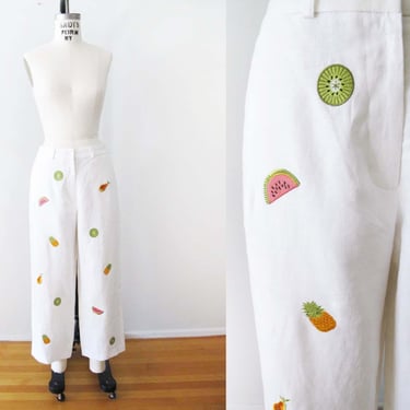 Vintage 90s White Linen Trouser Pants Embroidered Fruit 27 | Milk