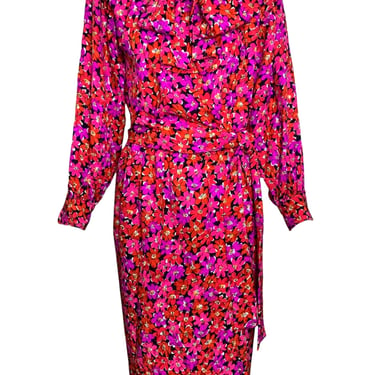 1989 Saint Laurent Magenta Silk Floral Print Dress Ensemble