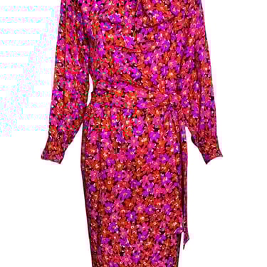 1989 Saint Laurent Magenta Silk Floral Print Dress Ensemble