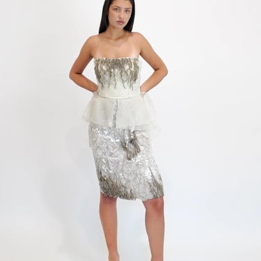 Alberta Ferretti S/S 2013 White Beaded Cocktail Peplum Dress 