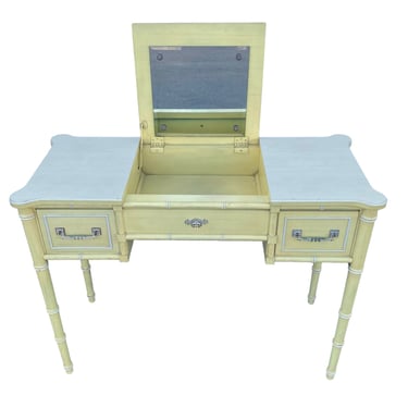 Henry Link Bali Hai Vanity Table with Faux Bamboo, Mirror, Storage and 2 Drawers - Rare Vintage Yellow Wash Hollywood Regency Coastal Desk 