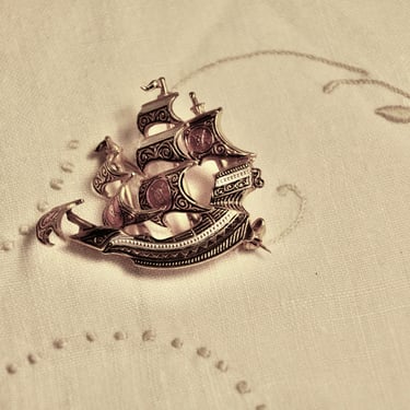 Vintage Damascene Spanish Pirate Galleon Pin Brooch Gift for Her Pirate Theme Brooch Christmas Gift for Her Made in Spain 