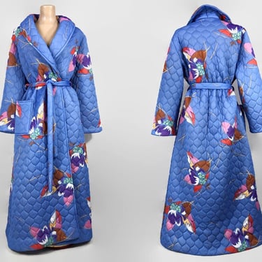 VINTAGE 70s Psychedelic Print Quilted Robe by Rhapsody | 1970s Periwinkle Blue Hostess Robe | VFG 