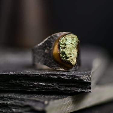 Adjustable Textured Sterling Silver and Brass Raw Chrysoprase Ring