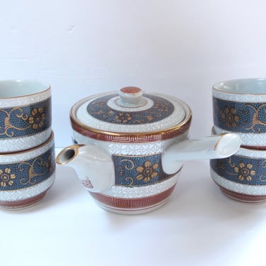 Vintage Japanese Tea Set with Kyushu Teapot Tea Lovers Christmas Gift Turquoise Floral Bohemian Tea Set Asian Pottery Teapot and cups 