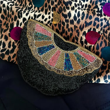 Bright Beaded Clutch Purse, Peacock Multi Colors, Magid, Cocktail Evening, Rainbow Iridescent, Vintage 80s 90s 