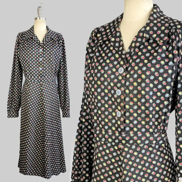1940s Work Dress / Ranch Dress / Black Cotton Floral Print Dress / Plus Size, Extra Extra Large, XXL 