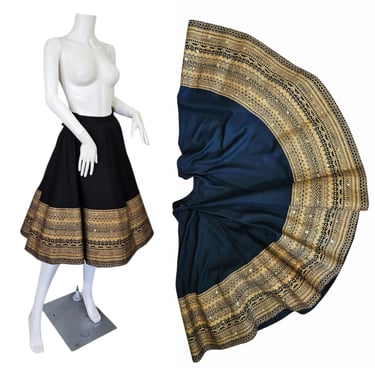 1950s Black Cotton Hand Painted Gold Border Aztec Print Circle Skirt I Sz Med I W: 28