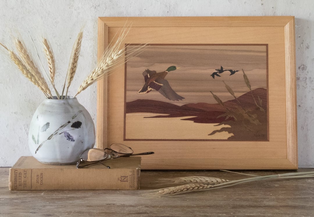 Wood Inlay Artwork of Ducks In Flight, Wall Art, Wood Green Spruce