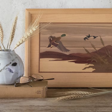 Wood Inlay Artwork of Ducks In Flight, Wall Art, Wood Marquetry 