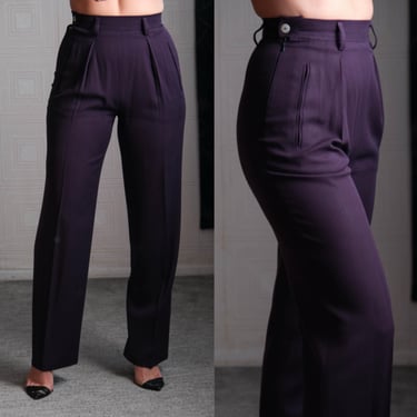 Vintage 90s LAUREL Aubergine Pleated High Waisted Gabardine Tapered Slacks w/ Jetted Pockets | Wool/Rayon Blend | 1990s Designer Slacks 