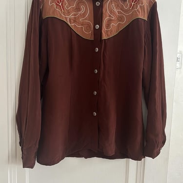 Vintage 90s Sue Wong Studio Rayon Western Chainstitch Shirt Blouse Button Down Medium by TimeBa