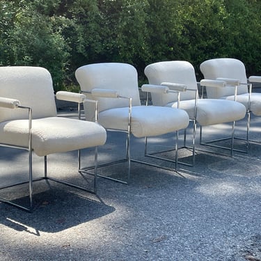 Set of 4 Milo Baughman Chrome Arm Chairs in Boucle - Circa 60s 