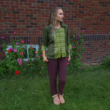 Vintage 1970's Patterned Green Cardigan Blouse / Women's L to XL / Southwestern 