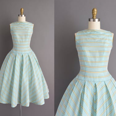 50s Vintage Dress | Gorgeous Mint Blue & Yellow striped Full Skirt Cupcake Party Dress | XS Small 