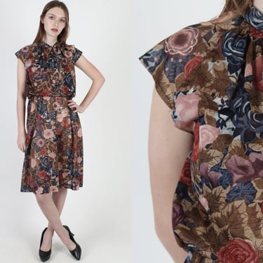 Vintage 70s WildFlower Prairie Dress / Sheer Bow Tie Autumn Garden Floral / Simple Secretary Midi Mini Dress 