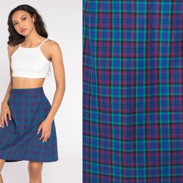 Blue Plaid Skirt 80s High Waisted Tartan Dark Academia Skirt A Line Preppy Checkered Skirt Purple School Girl Vintage 1980s Small S 