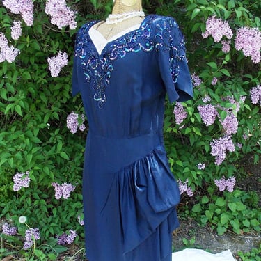 Fabulous 40's Beaded Navy Party Dress. Vintage Hollywood Glamour. Beads & Sequins. Luminescent Blue Rayon Silk. Flirty Sleeves Flounce. sz 8 