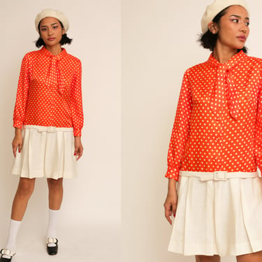Vintage 1960s 60s Bright Orange Polka Dot Long Sleeve Pleated Drop Waist Mini Dress w/ Matching Belt 