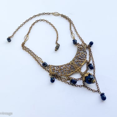 1940s Gold Filigree Brass Necklace | 40s Gold Filigree Pendant Necklace 