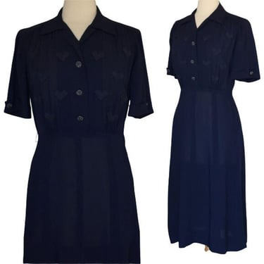 Vintage 40s Navy Blue Rayon Day Dress, Smocked Detail at Shoulder and Waist, 3-D Grosgrain Ribbon Embellishment, Button Up Shirtdress, Small 