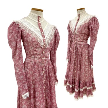 Vtg 70s Gunne Sax Mauve Floral Lace Victorian Revival Western Cottage Midi Dress 