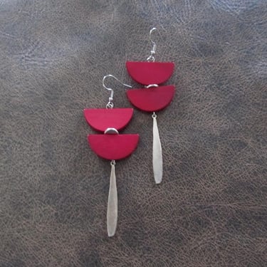 Red wooden and silver dangle earrings, statement earrings, African jewelry, ethnic earrings 