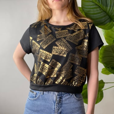 Vintage 90's Cropped Black and Gold Warning Explicit Advisory T-shirt Size S 
