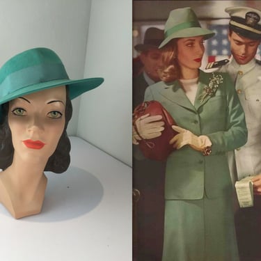 A Casablanca Passage - Vintage 1940s 1950s Aqua Green Turquoise Wool Felt Fedora Hat 