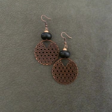 Copper earrings, statement earrings, bold earrings, geometric mid century modern earrings, ethnic tribal earrings, industrial earrings 