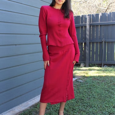 Norma Kamali, Vintage 80s Kamali Red Sweatshirt Skirt Suit, Medium Women, Two Piece Outfit, Sweats Collection 