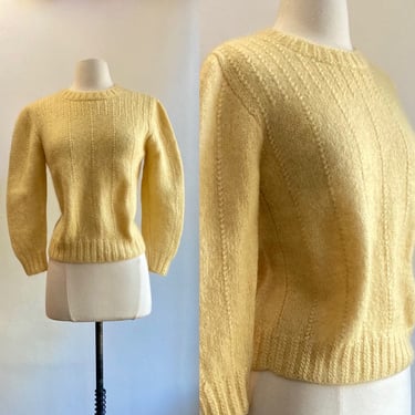 Vintage 50s MOHAIR Sweater / BUTTER Yellow / Crew Neck + Tiny Cable Detail / S 