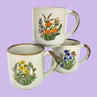 Vintage Otagiri Mugs Retro 1970s Bohemian + Light Gray/Brown + Porcelain + Wildflowers + Set of 3 + Kitchen + Drinking + Coffee/Tea + Japan 