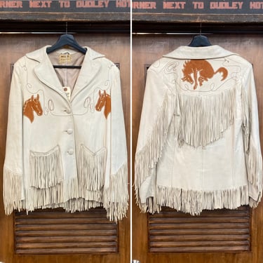 Vintage 1950’s Western Cowboy Fringe Leather Rockabilly Rodeo Appliqué Jacket, 50’s Vintage Clothing 