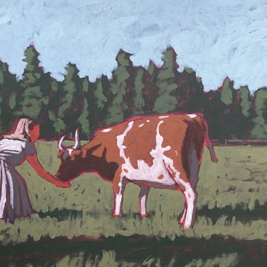 Woman and Cow  #2 |  Original Acrylic Painting on Deep Edge Canvas 24" x 18" 