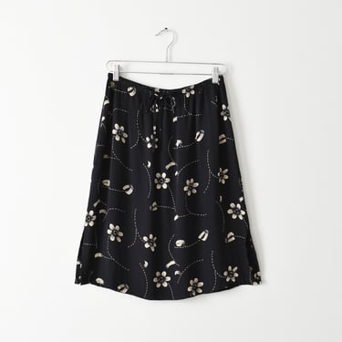 vintage black floral print rayon knee length skirt 