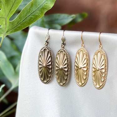 gold Art Deco earrings, long gold oval flower medallion dangle drop statement earrings, handmade jewelry, gift for her 