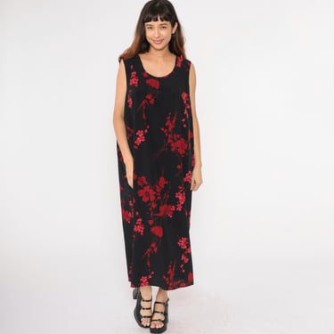 Vintage Black Floral Dress 90s Maxi Dress Red Flower Print Day Dress Scoop Neck Sleeveless Sun Side Slit Summer Plus Size 1990s 2xl 22 