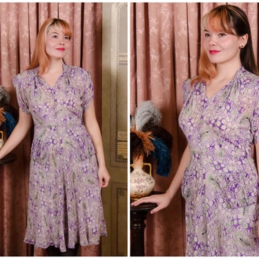 1940s Dress - Gorgeous Breezy Bemburg Rayon 40s Summer Dress with Draped Petal Sleeves in Purple Botanicals Print 