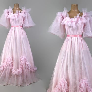 VINTAGE 70s Pink Sheer Ball Gown With Huge Bubble Sleeves | 1970s Southern Belle Dress | Glinda the Good Witch Dress | VFG 