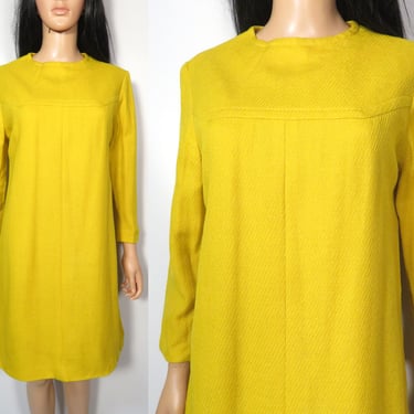 Vintage 60s Mod Bright Canary Yellow Woven Acrylic Winter Fall Dress Union Label Metal Zipper Size M 