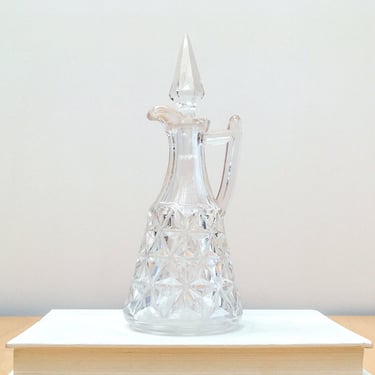 Vintage Pressed Glass Vinegar & Oil Cruet with Handle and Stopper, Diamond Cut Glass Decanter, Small Apothecary Bottle 