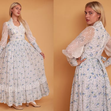 Vintage 1970s 70s Gunne Sax Lace Floral Maxi Length Balloon Sleeve Bishop Sleeve Cottagecore Prairie Gown Dress 