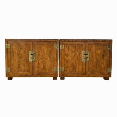 Set of 2 Campaign Cabinets by Henredon Artefacts - Pair of Vintage Oak Wood & Gold Brass Large Nightstands, Console Chests MCM Asian Servers 