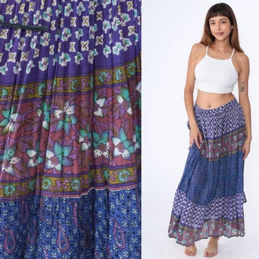 90s Broomstick Skirt Boho Floral Paisley Print Maxi Crinkle Skirt Purple Blue Hippie Colorful Festival Vintage 1990s Plus Size 22W 2xl 